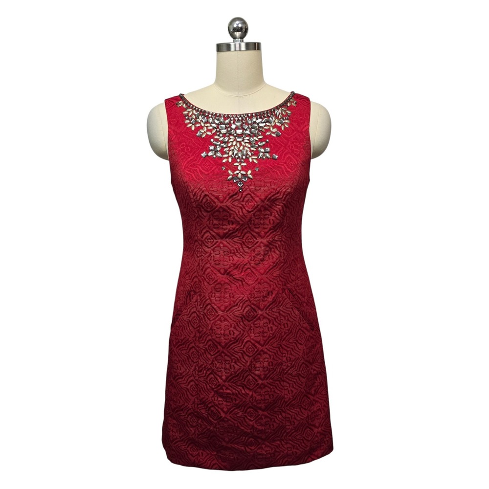 Moulinette Soeurs Embellished Jewel Neck Red Brocade Mini‎ Dress Womens Size 4